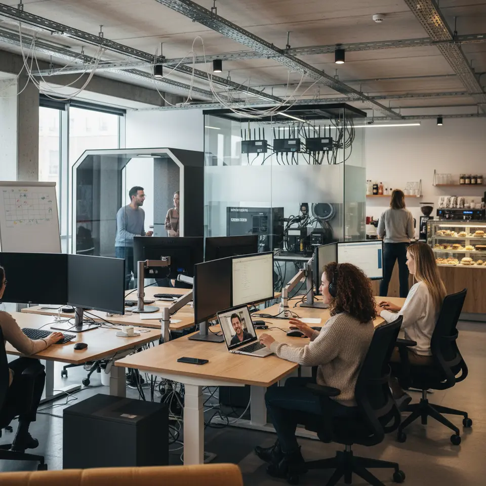 Modern coworking environment showcasing high-speed internet infrastructure: include visuals of routers, fiber-optic cables, backup generators or UPS units, ergonomic desks, private meeting pods, and remote professionals engaged in video calls