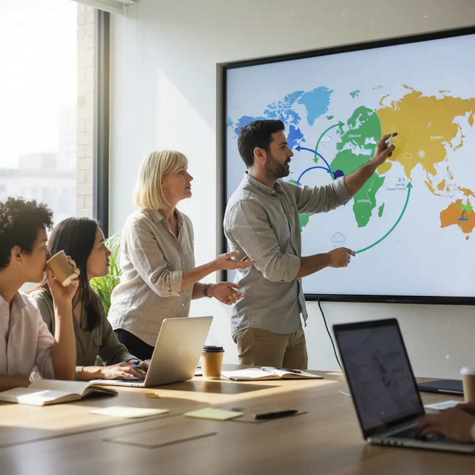 Global time-zone and climate alignment map: depict a world map overlay with colored time-zone bands, icons for sun, rain, snow, and beach settings, and arrows illustrating optimal overlaps with key business hubs