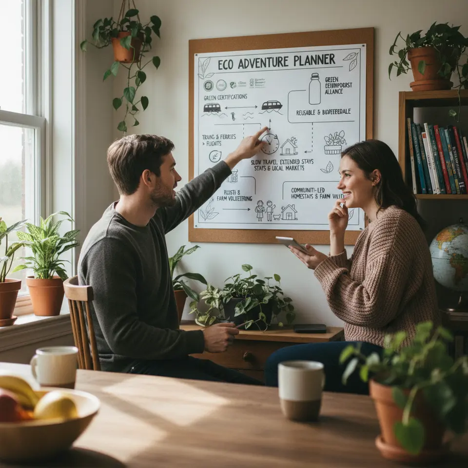 Infographic-style depiction of planning an eco-conscious journey: researching green certifications (Green Globe, EarthCheck, Rainforest Alliance), choosing trains and ferries over flights, integrating carbon-offset icons, embracing slow travel with extended-stay and local market symbols, packing reusable bottles and biodegradable toiletries, and engaging in community-led homestays and farm volunteering.