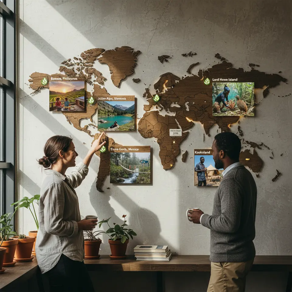 World map highlighting five undiscovered eco-friendly destinations: Banaue Rice Terraces at sunrise with solar-powered homestays, Slovenia’s Julian Alps with hydro-powered mountain huts by emerald lakes, Sierra Gorda Biosphere Reserve cloud forest with wildlife corridors, Namibia’s Kaokoland desert camps with Himba guides and solar showers, and Lord Howe Island’s coral restoration patrols and rare woodhen in subtropical forest.