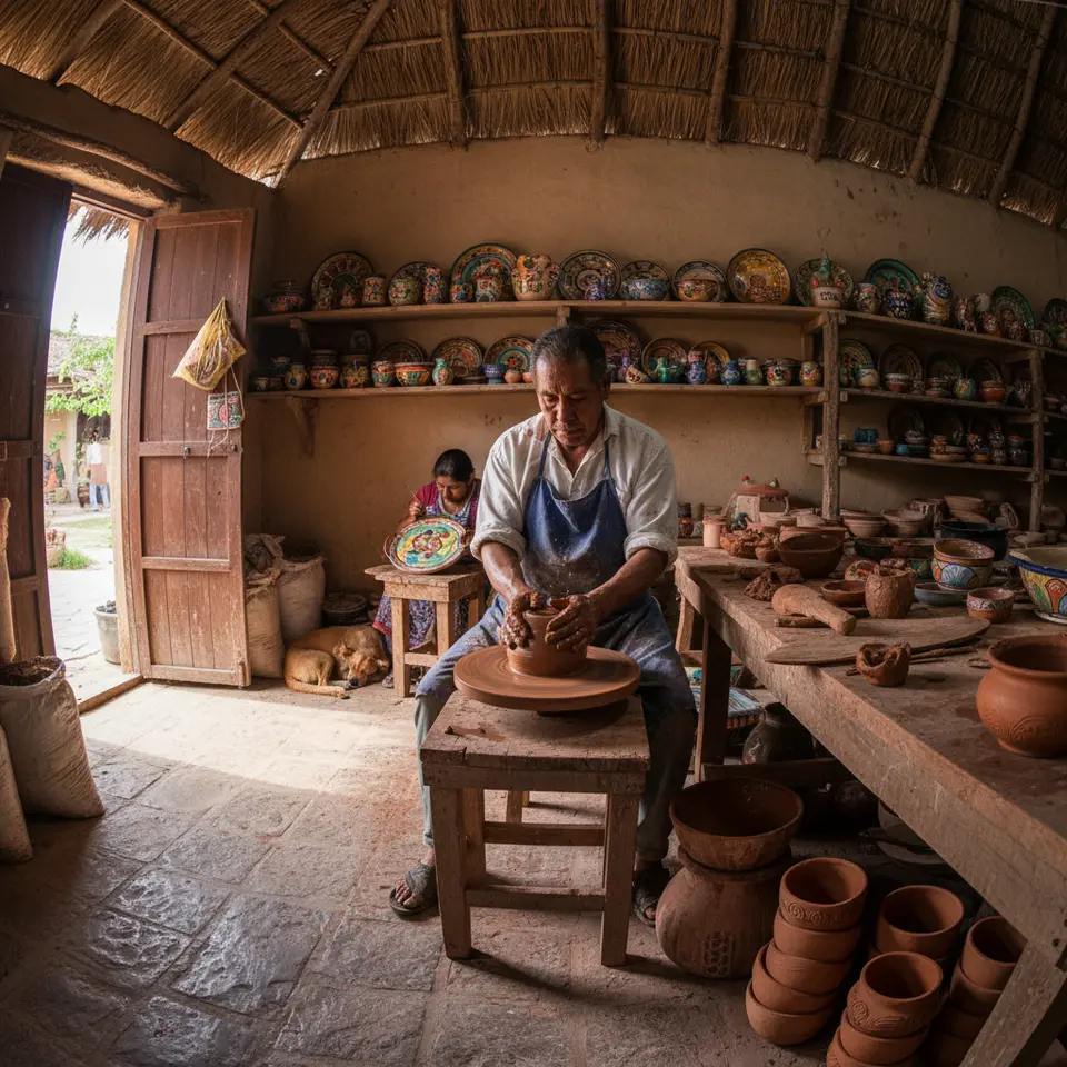 Handcraft workshop in an artisan village in Oaxaca, Mexico: a potter shaping clay on a spinning wheel, surrounded by vibrant, hand-painted ceramics, earthenware tools, and rustic wooden beams of a traditional workshop.