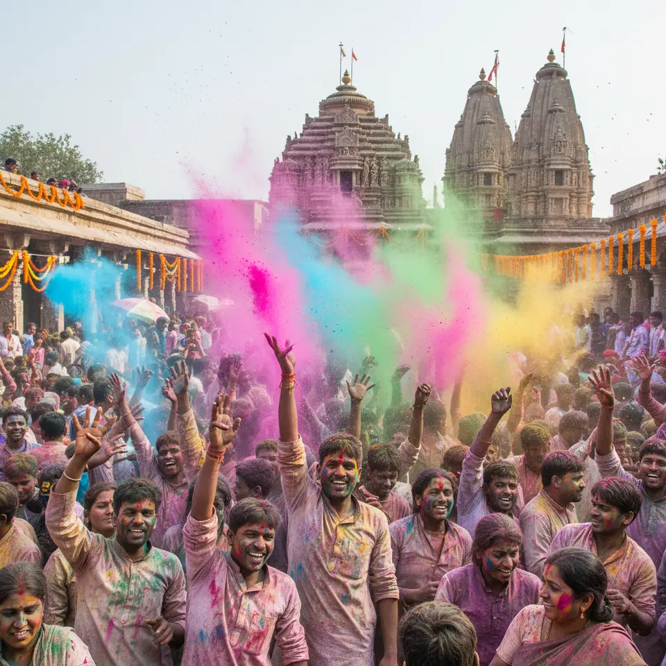 Colorful Holi festival in an Indian temple town: a joyful crowd throwing clouds of brightly pigmented powders, people covered head-to-toe in vivid hues, with ancient temple spires and festive decorations in the background.