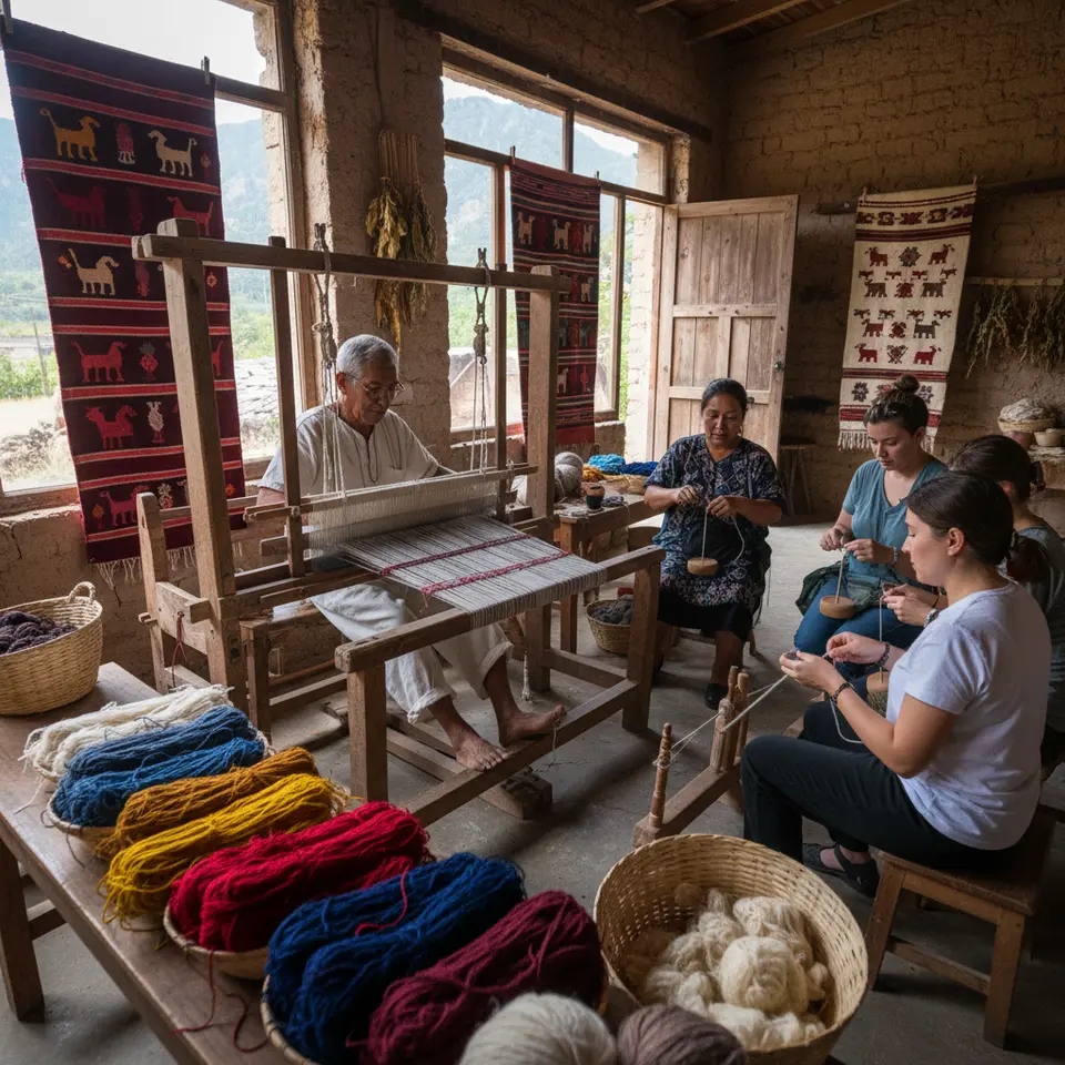 Zapotec weaving workshop in the Sierra Madre de Oaxaca: a third-generation artisan sits at a wooden loom, brightly colored wool threads dyed with cochineal, indigo leaves, and pomegranate skins spread out nearby, while traditional rugs hang on adobe walls and guests learn to spin wool on drop spindles.