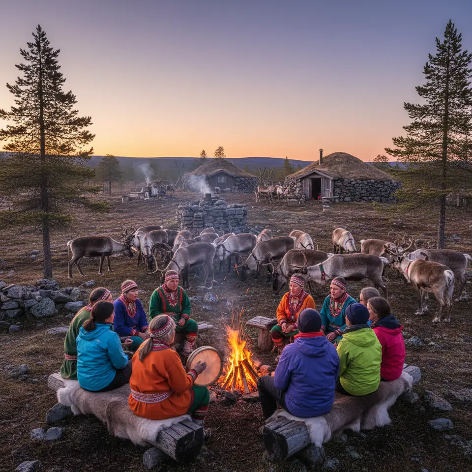 Sami reindeer camp in Finnish Lapland: turf-roofed cabins nestled in tundra, reindeer herders in colorful gákti tending the herd under the midnight sun, elders and guests gathered around an open fire learning joik chants as snow-tipped pines frame the scene.