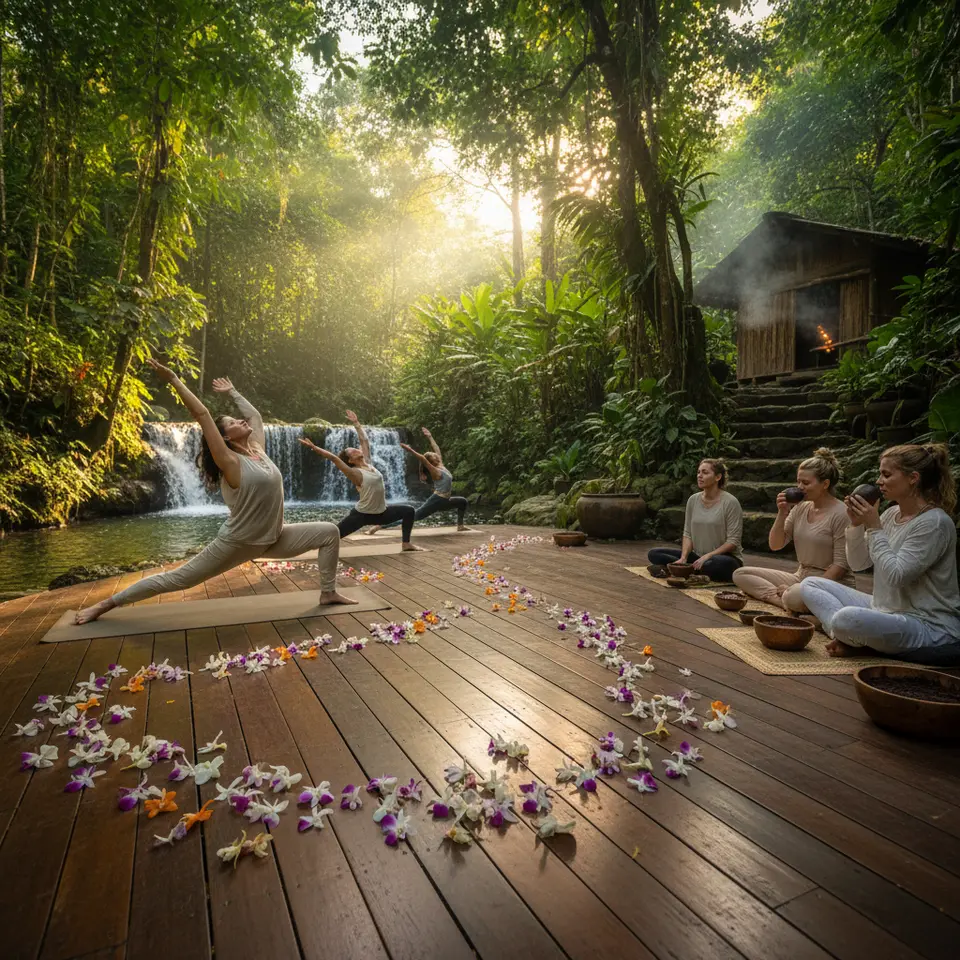 Montezuma, Costa Rica: A teak-wood yoga deck scattered with orchids beneath a dense rainforest canopy, sunrise Vinyasa practitioners flowing beside hidden jungle waterfalls, participants sipping ceremonial-grade cacao elixirs from carved bowls, with mineral-rich mud wrap and herbal steam stations visible in the verdant background