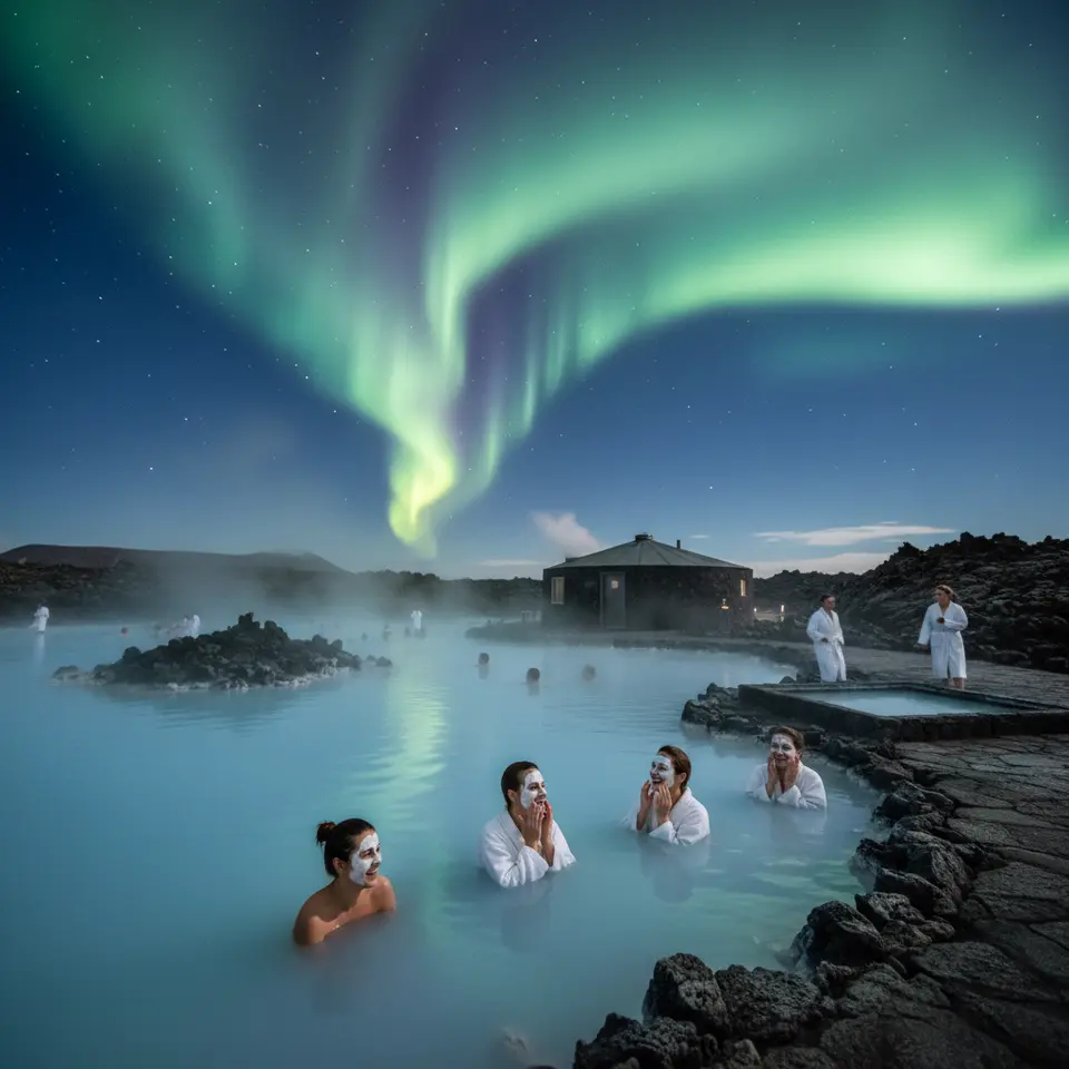 Blue Lagoon, Iceland: Milky-blue geothermal pools nestled among black volcanic lava fields, steam gently rising into crisp air as bathers apply silica mud masks at the water’s edge, Nordic spa guests moving between a stone steam room and an icy cold plunge, all under a sky aglow with dancing northern lights