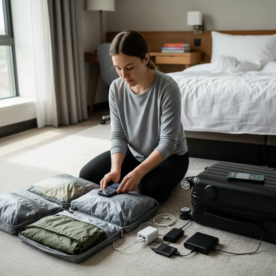 Optimizing Gear and Digital Connectivity: A minimalist solo traveler laying out versatile clothing in packing cubes alongside key tech essentials—compact rain poncho, lightweight fleece, multiport USB charger, high-capacity portable battery, universal travel adapter, and smart luggage with integrated GPS—while a smartphone screen shows eSIM activation and offline navigation apps