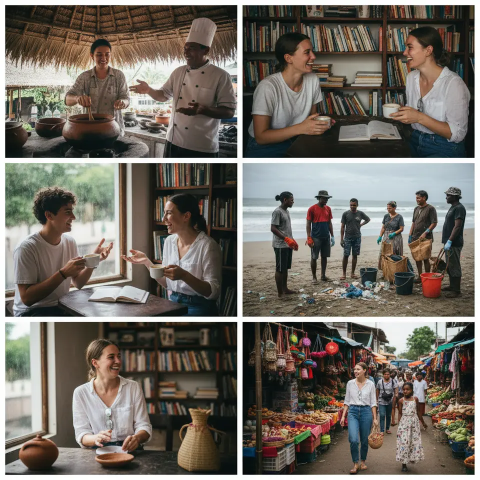 Immersive Cultural Engagement and Community Building: A solo traveler taking part in a traditional cooking class with a local chef, joining a language exchange at a cozy café, helping with an environmental volunteer project, and respectfully interacting with community members amid vibrant market stalls and artisan workshops