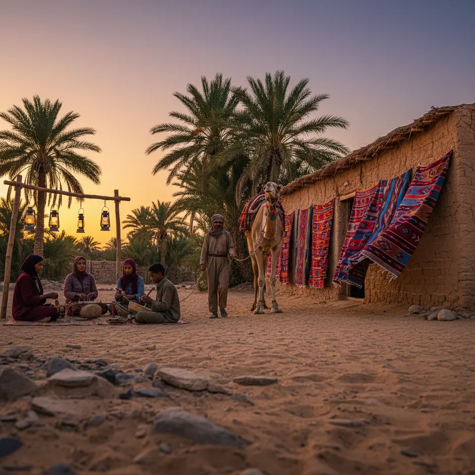 Secluded desert oasis at sunset with a lone traveler leading a camel toward a community-run homestay—colorful woven fabrics fluttering outside a mud-brick cottage, a small group of locals demonstrating traditional craftwork under lantern light, lush palms framing the scene