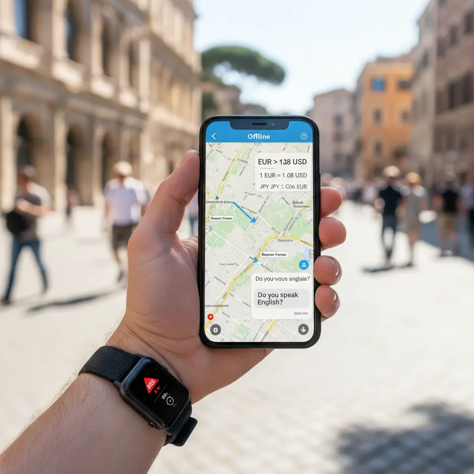 Close-up of a solo traveler’s hand holding a smartphone displaying split-screen apps—an offline map with AR overlays of historic landmarks, live currency conversion, language translation bubbles—while a sleek smartwatch on the wrist shows SOS alert and heart-rate data