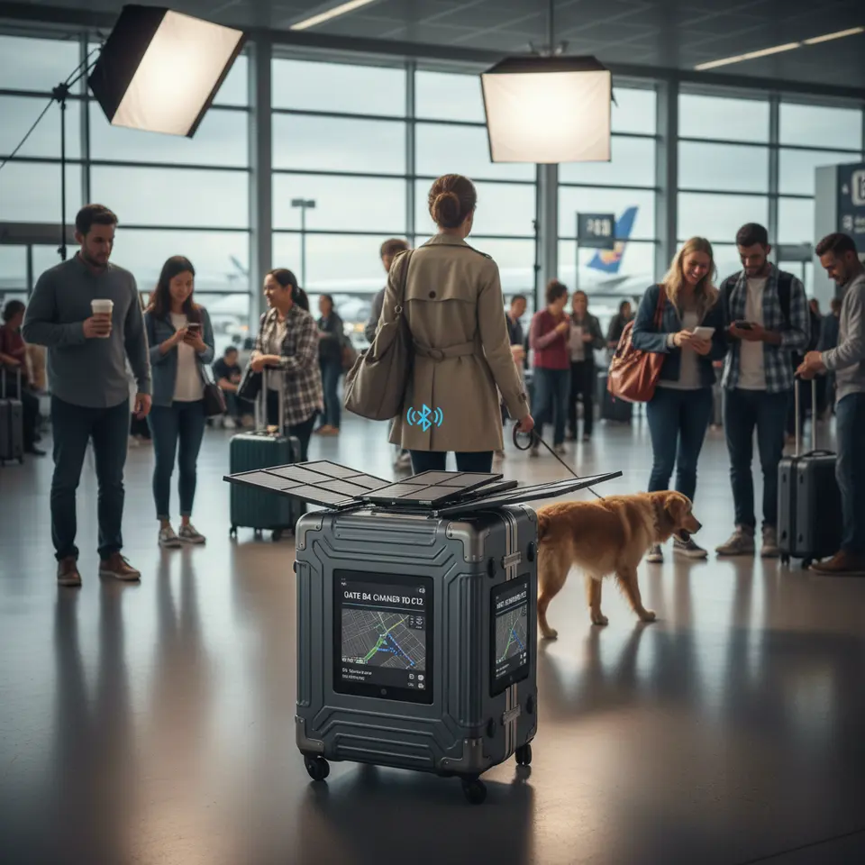 A sleek, impact-resistant smart suitcase navigating a crowded airport: fold-out solar panels harvesting light, an onboard touchscreen displaying gate changes and GPS map coordinates, Bluetooth and satellite signal icons floating above as it autonomously follows its owner