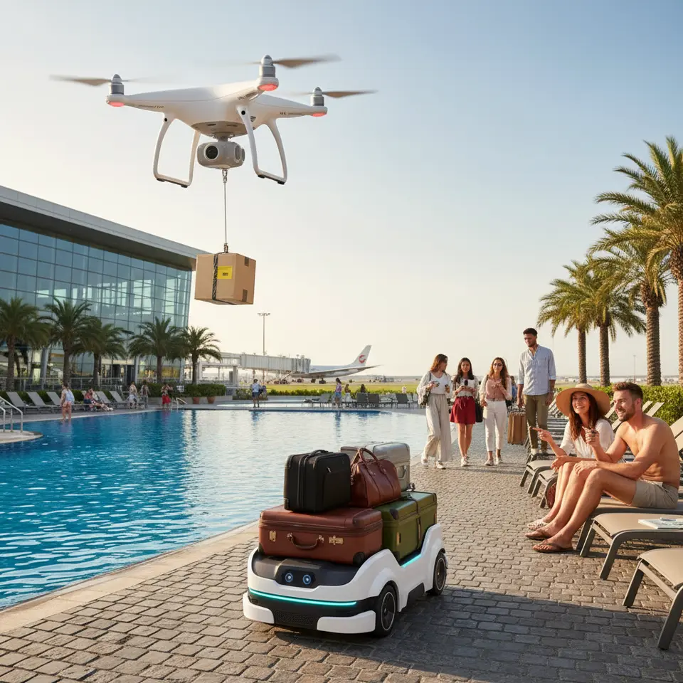 A drone delivery scene at a resort pool and airport terminal: a quad-rotor drone descending to drop off a package by crystal-blue water, while below an autonomous luggage robot with obstacle-avoidance sensors and real-time tracking lights weaves through pedestrian walkways carrying traveler’s bags